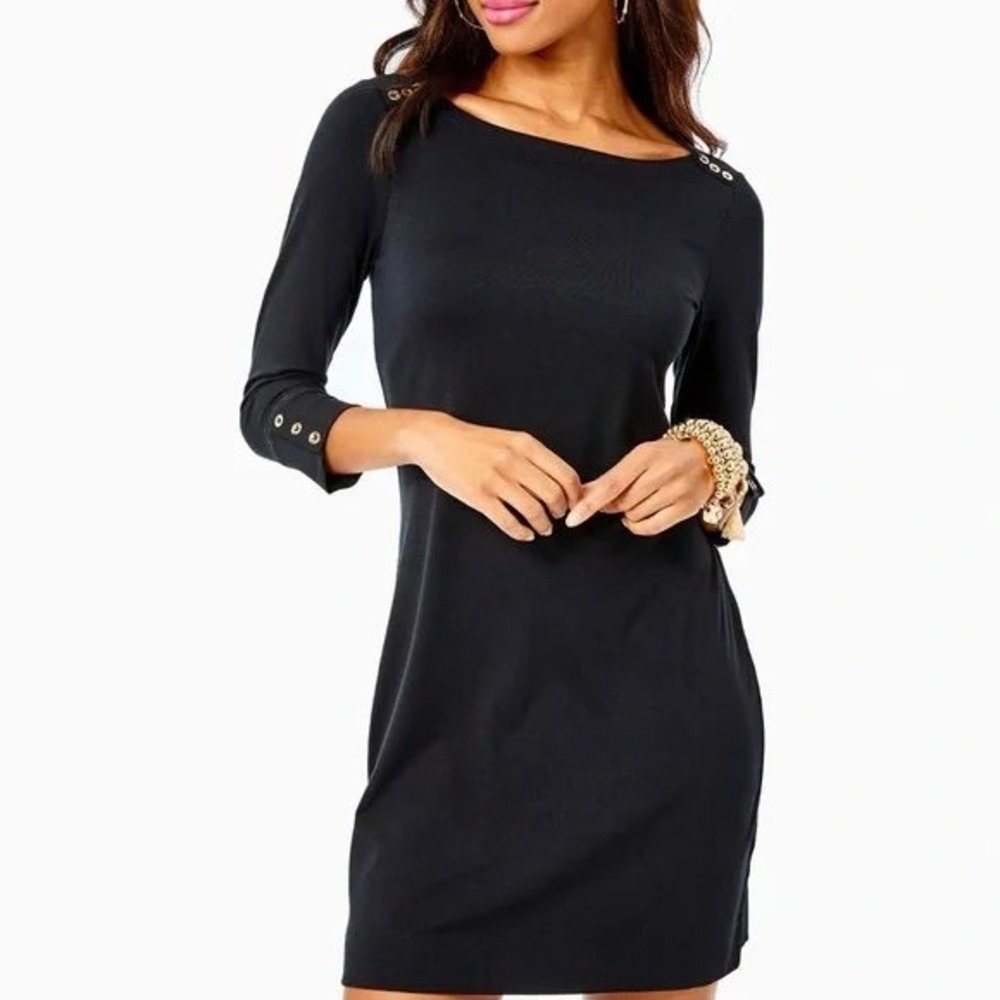 Lilly‎ Pulitzer Sophie Dress Black Gold Button UPF 50+ Size L Rare Find